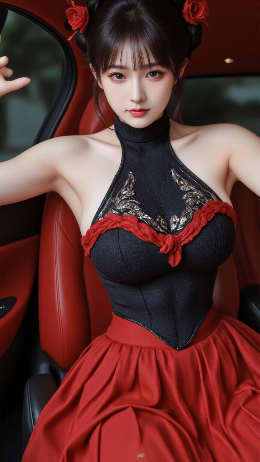 ((Masterpiece: 1.4, Best Quality))+,(Ultra Detail)+, Official Art, Unity 8k Wallpaper, Ultra Detailed, Beautiful, High Quality, Beautiful, Masterpiece, Best Quality, (Flat Chest), Full Body, Standing Painting, White Background, Red Straight Hair, Gloomy Eyes, Black Little Snake, White Theme, Red Jewelry, Studs, Black Lace Flats, Asymmetrical Skirt, Blood Stains on Skirt, Devil, Skeleton, Lots of Lace