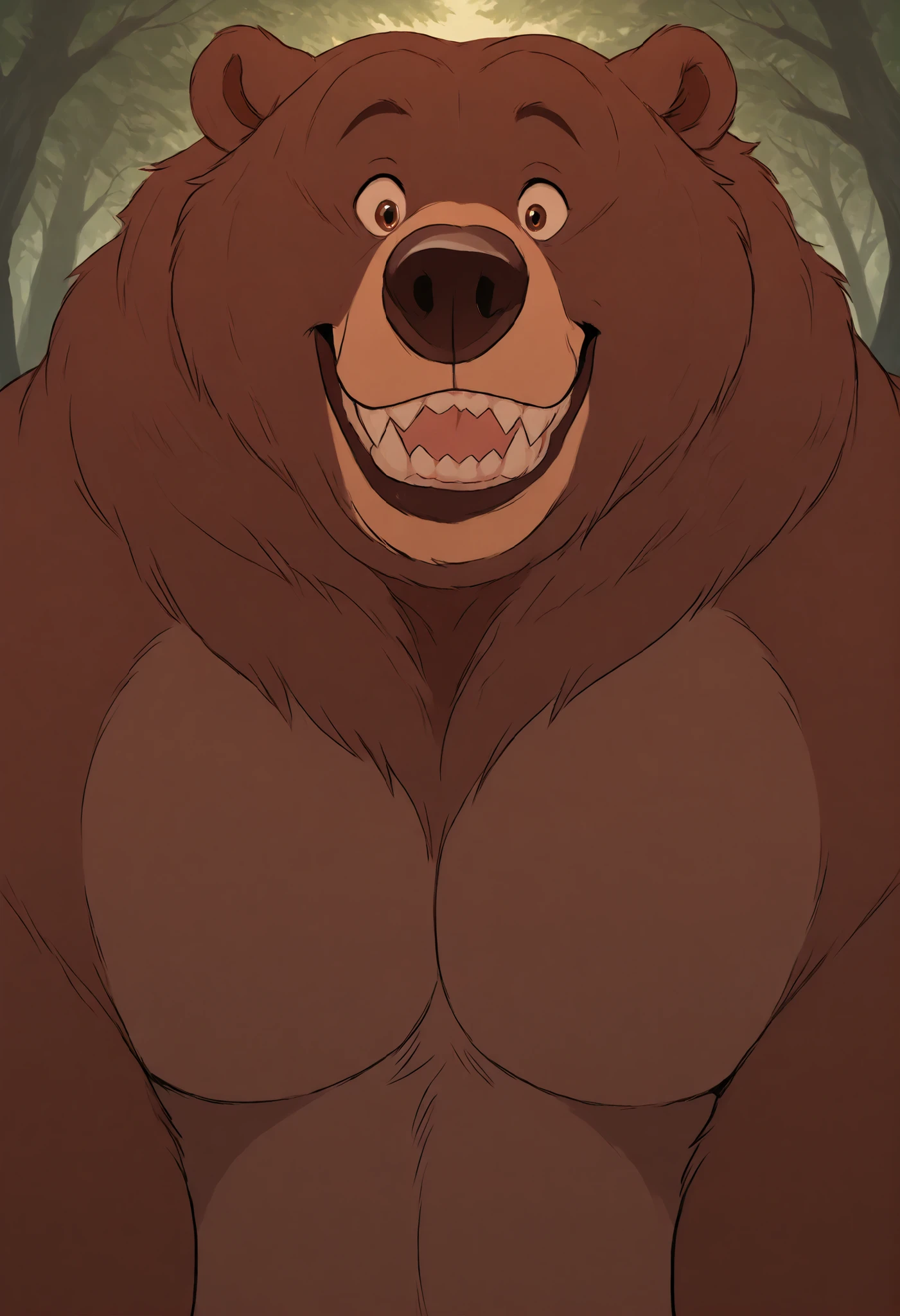 cinema Portrait: solo; Bulging obese "Tug" Bear; excited-smile; (fat muscular; massive stomach); closed Mouth; excited expression; surprised; monster obese Bear; detailed eyes; (sharp teeth); dark-brown-fur; masterpiece; best quality; amazing quality; (Brother Bear: Disney) HD full-color; forest surroundings;