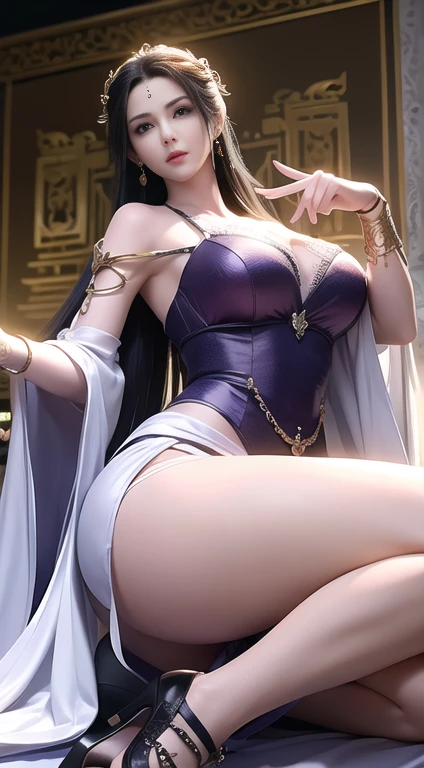 Solo, 1 Beautiful Female, Wuxia World, (1 Girl), (Full figure:1.2), (standing:1.1), (Xiuxian World), (big breasts, round breasts:1.4), (muscle abs), (big buttock:1.1), (shiny skin:1.1), Chinese Immortal Wuxia, (Purple Cross-collared Top, Ancient Long Skirt, Embroidered Cape, Streamer), Brunette Hair, Chinese Coiled Bun, Hairpin, Light Pink Lips, Calm, Intellectual, Delicate Face, Masterpiece, Best Quality, High Quality, High Definition, High Quality Texture, High Quality Shadows, High Detail, Cinematic Light, Side Lighting, Ray Tracing, Sharp Focus, Realistic, Edge Light, Two-tone Light, (Detailed Skin Details: 1.2), 8k uhd, SLR, (soft light, high quality, high resolution:1.7), (very detailed CG unity 8k wallpaper)