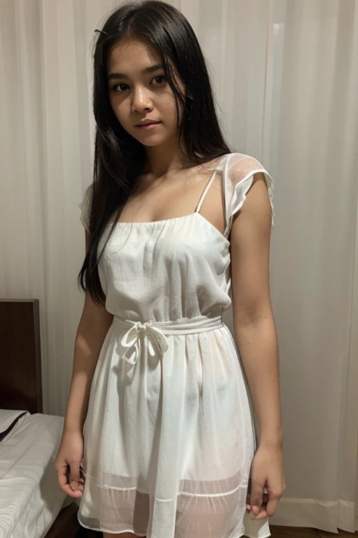 Young sweet beautiful Indonesian girl, 22 years old, slim body, georgeus face, messy hairs with a bangs, greek nose, wearing white thin long sleevedress, wearing white thin see through skirt, red lace panty exposed visible through the skirt, very realistic, very detail, sweet cute laughing, standing cheerful on floor in empty room,