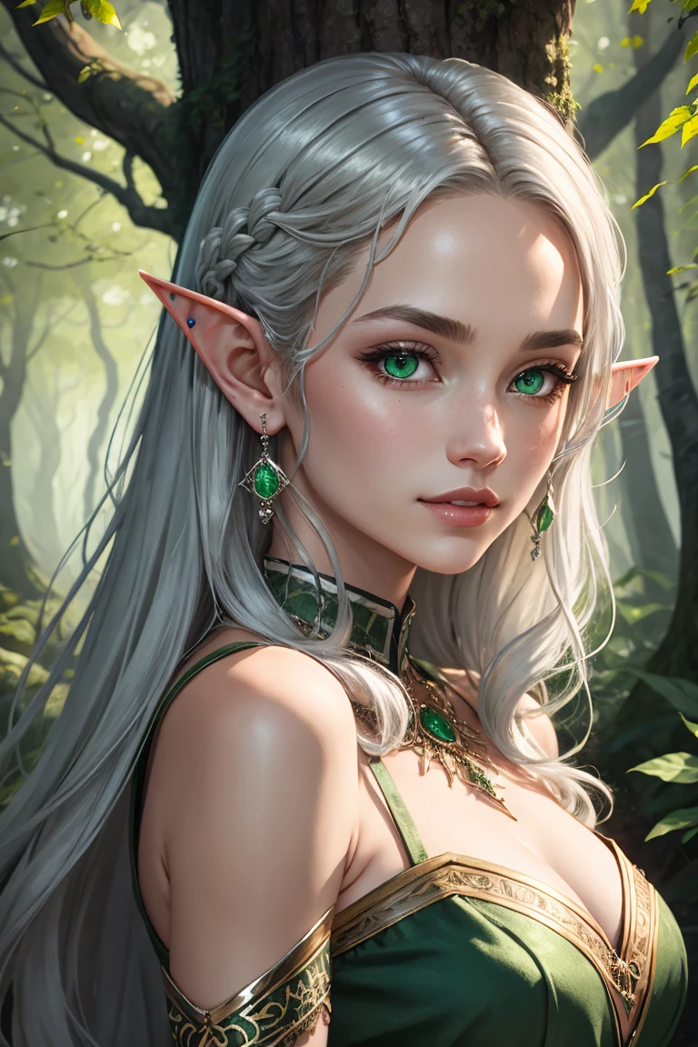(detailed face,detailed eyes,photorealistic:1.37) An elf woman with a captivating presence and a sense of mystique stands in the center of a dense forest. Her face is exquisitely detailed, with high