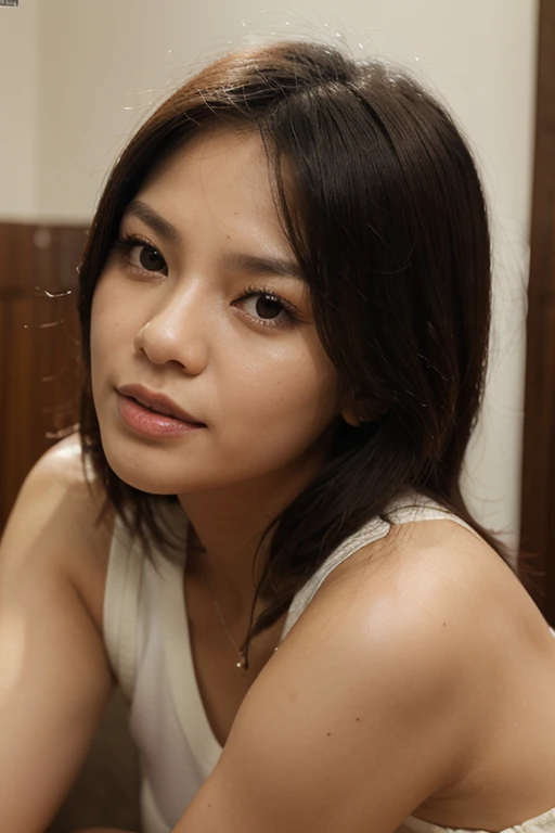 (8K, RAW photo, high quality, High resolution:1.1), Skinny Japanese woman, 30 years old, small breasts, very thin waist, (hyperrealistic:1.4), (realistic, photorealistic:1.3), soft light, realistic face, realistic body, realistic skin, disorganized, masterpiece, (cute:1.8), (leaning forward:1.8), (From above:1.2), (close:1.4), (crawl on all fours), (white loose t-shirt:1.2), (Beautiful breasts:0.9), (long hair, ponytail), ((cleavage)), fine black eyes, innocent eyes, droopy eyes, Watery eyes, open lips, blush, good style, cinema light, film Grain, look viewer, full Body, Depth of field, blurred background, Eye focus, young, 85mm lens, f/1.4, professional lighting, portrait, photon mapping, radio city, Physically based rendering, Transparency, Day book girl, Day, Sunny, outdoor