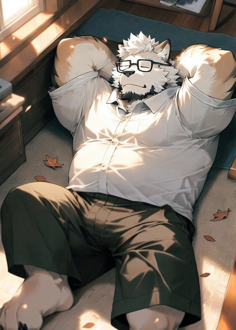 hairy,((Wolf,Black-rimmed glasses,White boxers),beard,white fur,male,Common,full body picture((极其lifelike阴影,masterpiece,Very detailed,lifelike)), ((Cat)),dynamic poses,In the bedroom,Lying in bed,shy,((极其lifelike背景,masterpiece,Very detailed,lifelike))detailed background,