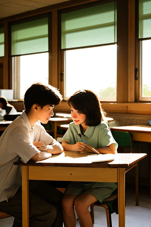 An indian classroom having full of wooden desks and benches from the perfect side view the desks and benches are  facing towards left side and the right side of the desks and benches having window which had three part and the back side also having a window as the right side window and in the last bench a boy and girl is sitting and looking each other