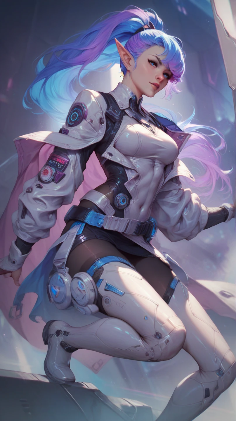 best qualityer，Masterpiece artwork，Final resolution，Soft，extremely colorful，de cor，Mermaid princess，(d.Go to Overwatch wearing your original blue suit:1.4)，black suspender stockings，Starry Android!,8K more detailed.engine unreal:1.4,uhd,La best qualityer:1.4, photorrealistic:1.4, texture skin:1.4, Masterpiece artwork:1.8,Masterpiece artwork, best qualityer,object object], (detailed facial features:1.3),(Blue robotic laboratory:1.4),(long pink hair:1.4),（descrição bonita e detalhada dos olhos）,(hands:1.4)