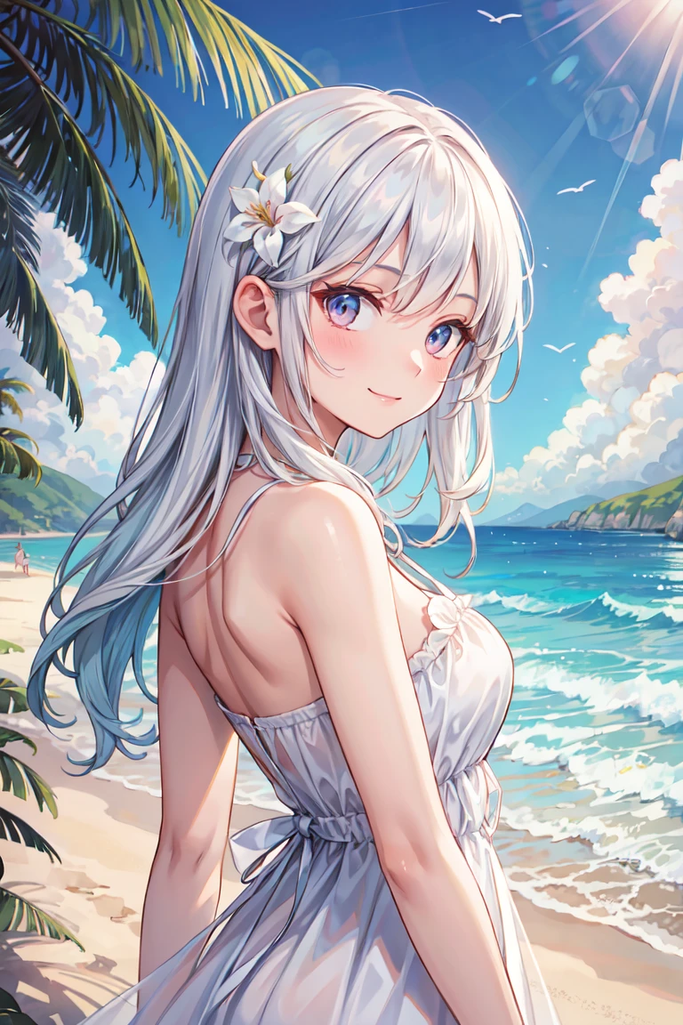 (Masterpiece: 1.5), (Best Quality: 1.5), High Resolution, High Detail, 1 Girl, Solo, Skin Highlight, Sharpen, Clear, straight hair, ponytail, multicolored hair, Jewelry, bracelet, earrings, cowboy shot, pale skin, smile, beach, bikini