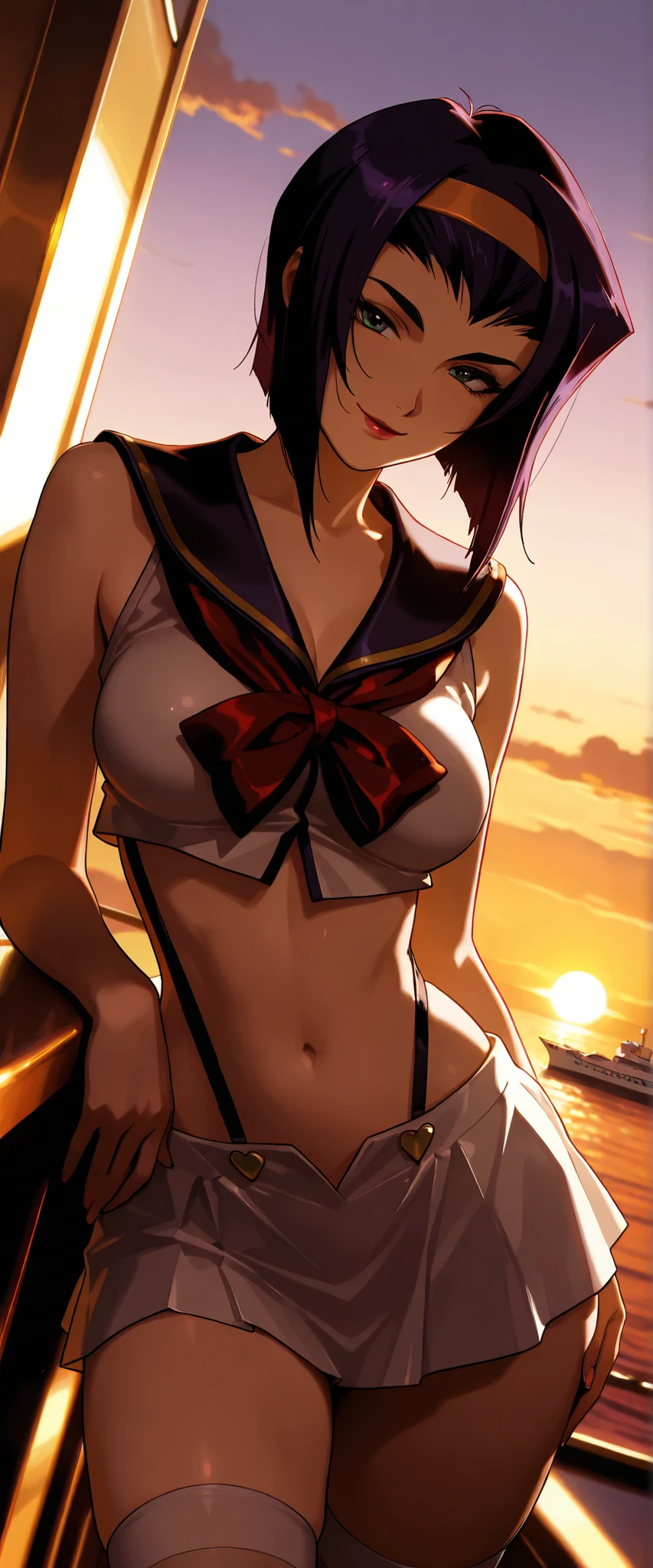 1 woman, faye valentine, dutch angle, purple hair, green eyes, seductive sailor uniform, mini skirt, thigh high stockings, leaning on the guardrail, cruise ship, seductive smile, seductive pose, outdoors, sunset, chiaroscuro, masterpiece, high quality, highly detailed