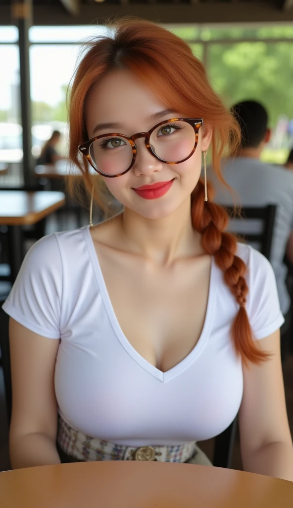 Photorealistic beautiful Japanese barista, Detailed face, ginger hair, smile, green eyes, wearing a glasses, sitting in wood chair, naked big chest with plant hottest, without cloth, no pant, no top, Open her thighs and legs, show pink vagina, pink nipple, perfect makeup, inside a pub, Detailed background, Perfect Lighting, depth of fields, Beautiful shadow gradient, hair is tied up, full body, hair and all body is wet
