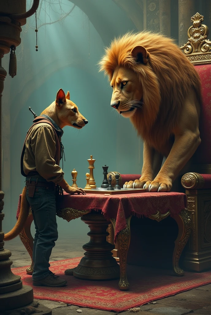 Realistic, photorealistic, RAW photo, ultra detailed, cinematic lighting, (surrealism: 1.2), theater stage with curtain down, 12 years old girl playing chess vs big anthropomorphic cat, they leaned and look at each other almost touching their heads, detailed face and eyes, vivid colours, masterpiece, Cinematic composition, aesthetic of fairytale, Centered image.