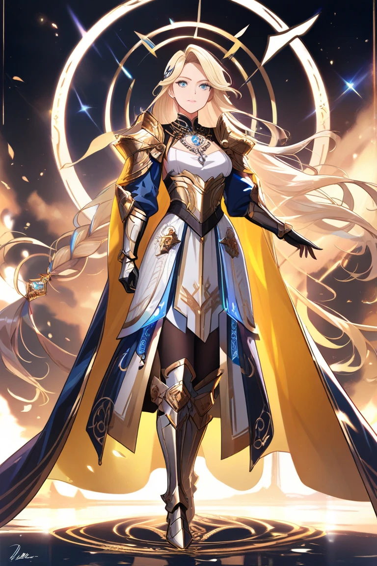 masterpiece, best quality, (colorful),cinematic lighting,extremely detailed CG unity 8k wallpaper,{holy space and Depth of field },pure water,flower field,building,particals,sky, cloudy_sky, galaxy, moonlight, moon,detailed starry sky,night, (dark theme:1.3), light, fantasy,1girl,full body,(finely detailed beautiful eyes),gold hair,long hair,solo,smile,an gold armored female paladin,gold armor, gold accents. intricate,fur,elegant,