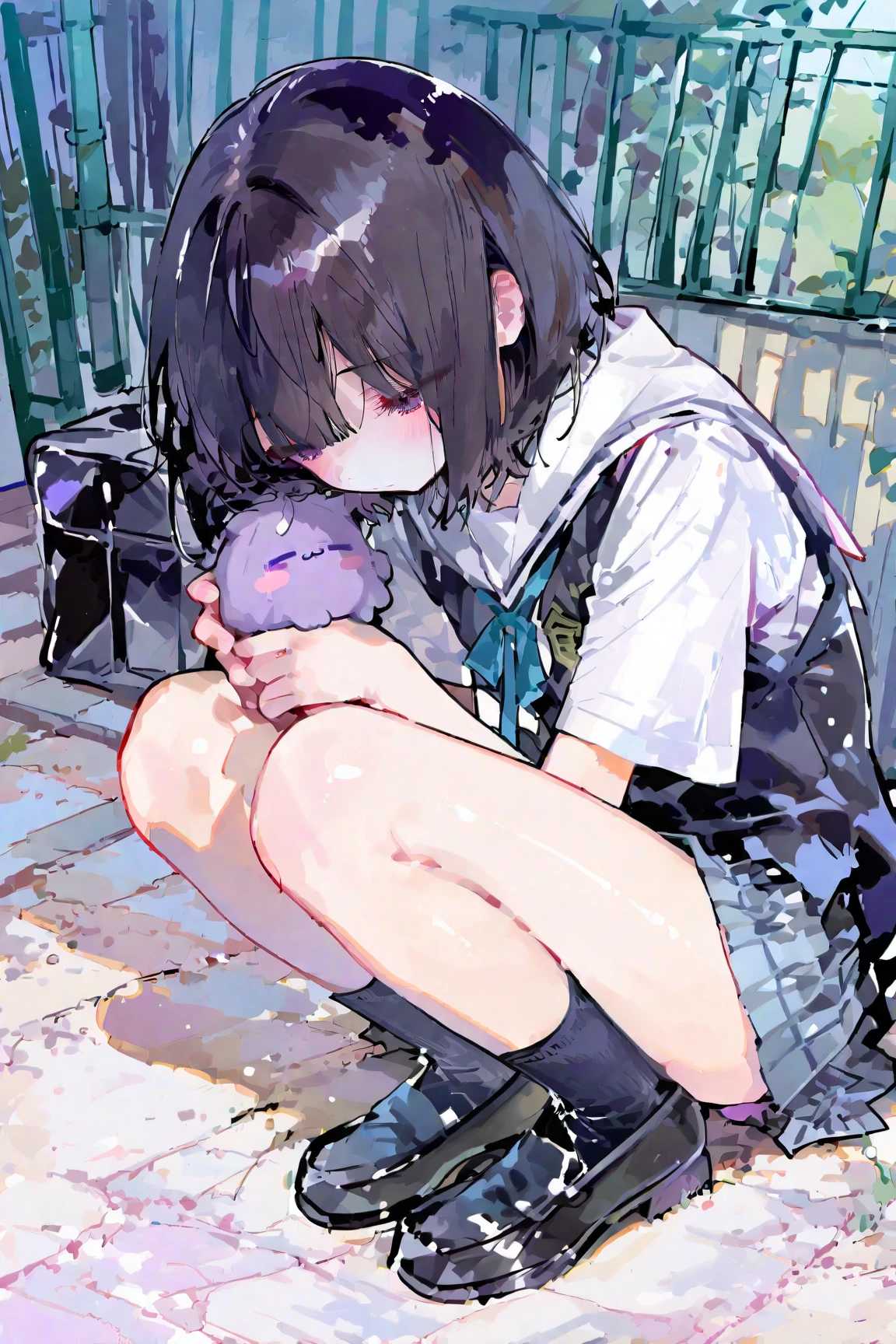 Highest quality、Black Hair、Iris、short hair、girl、cute、16 years old、、Small hair ornament、1 person、(((Pussy juice:1.5,blush))),Are standing, Navy Pleated Skirt, On the way to school, Crying face, blush、Hold your groin、Remote controller
