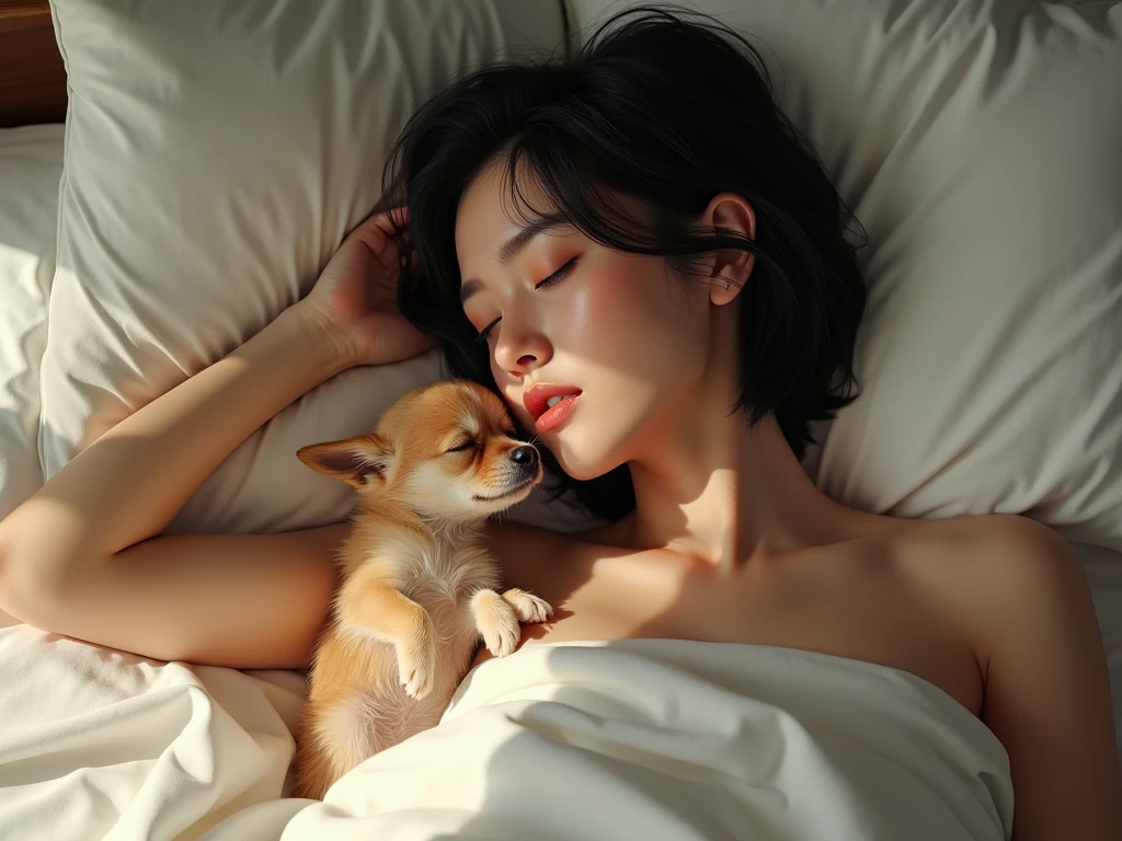 8K、Top image quality、masterpiece、An 18-year-old woman、Sleeping in bed side by side with a dog、Orange lace underwear、(Toy poodle、The dog licks her face:1.2)、Cinematic lighting