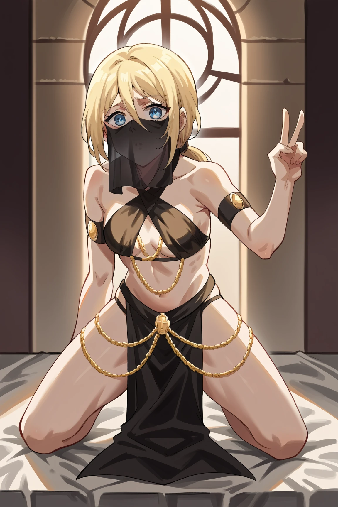 3 brown skinned naked girls wearing blindfolds and muzzle gags