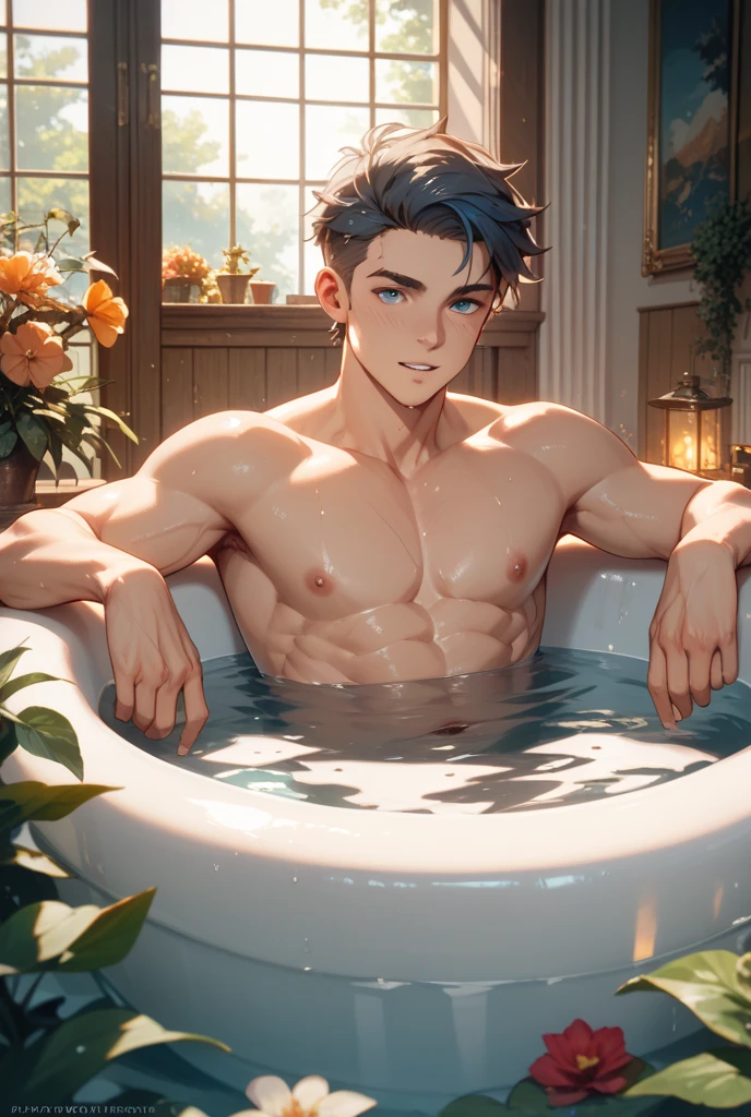 anime boy taking a bath in a bathtub with rose petals, wet body, bathtub, bubble bath, high quality fanart, bath, Beast, at pixiv, official fanart, pixiv, detailed fanart, relaxing, levi ackerman, in bathroom, relaxing environment, relaxing mood, by Shingei, anime asthetic, relaxing concept art, wet anime boy, with rose petals in the bathtub, beautiful atmosphere, hot anime boy, cute beautiful man, wet body, green eyes, black short hair
