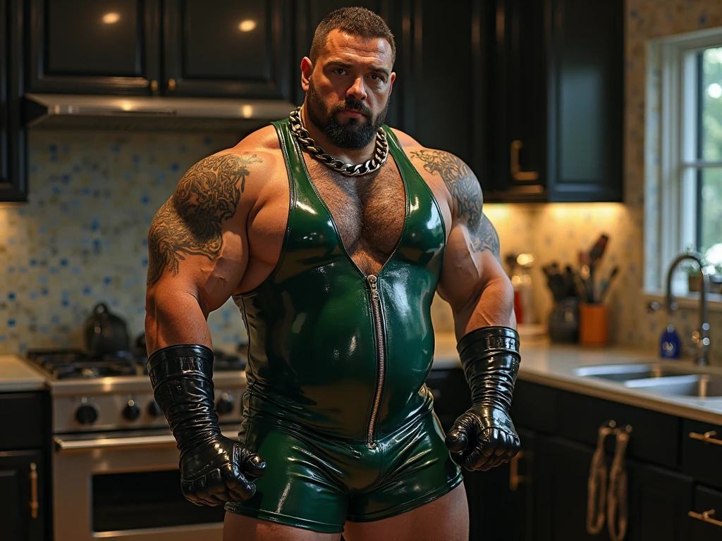 full body portrait, strong burly hairy mature older man(space captain), wearing futuristic captain's uniform insignia (neon and black) (open and revealing) (latex) , gray hair, broad shoulders, round belly, thick feet, bulging micro thong, barefoot, scifi spaceship captain uniform, neon lights, best quality elegant masterpiece, face looks like Tom Selleck (Magnum PI) , military buzzcut, dark mustache, gray stubble, latex, wearing a latex thong, big bulging crotch, futuristic gear equipment, wearing see through plastic chest armor (neon yellow and electric blue), wearing neon yellow see through chest armor, wearing electric blue latex chaps(see-through) , wearing cool neon sneakers,in spaceship cockpit, lying in spaceship sleeping quarters(bed) (view from above), smiling with teeth showing, nicebulge, waiting in bed, glowing armor, legs up(!) and spread(!) , big muscle ass, wet and dripping ass, visible asshole(!) , wet asshole, hairy pecs, thick long legs, silver hair, nice bulge,