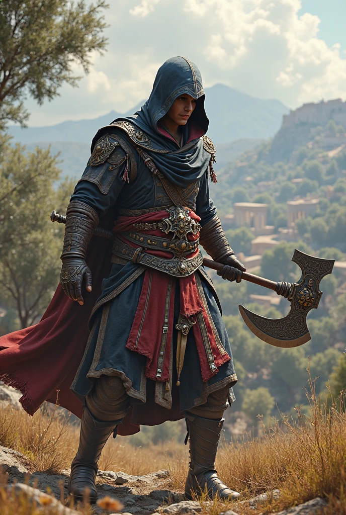 crie uma mulher, 1,78 de altura, medium thighs, medium breasts, pele parda, roupas pretas estilo assasin's creed, , olhos vermelhos, cabelos pretos, golden armlets, some golden lines around the forearms, algumas tatuagens tribais em volta das coxas, holding a glowing battle ax in his hands, olhando para mim com olhar timido, background lua cheia a noite obra prima, qualidade impecavel, HDR, cinematica, Ray Tracing