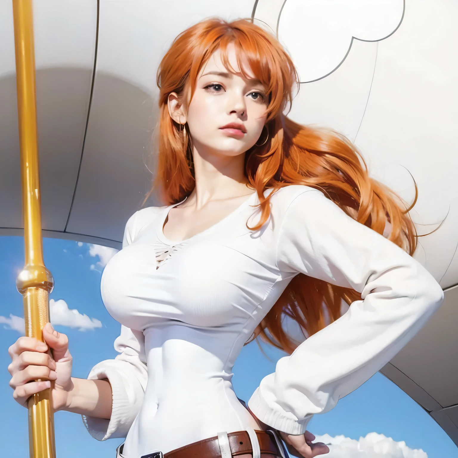 (((masterpiece+best quality+high resolution+ultra-detailed))), 1girl with clima-tact, Nami, long silky orange hair, high nose, sharp eyes, noble and inviolable temperament, (([female]: 1.2 + [beauty]: 1.2 + orange long hair: 1.2)), pirate ship background, blue sky, clouds, bracelets, white long sleeve mini dress and donned another belt, bright eyes, dynamic angle and posture.