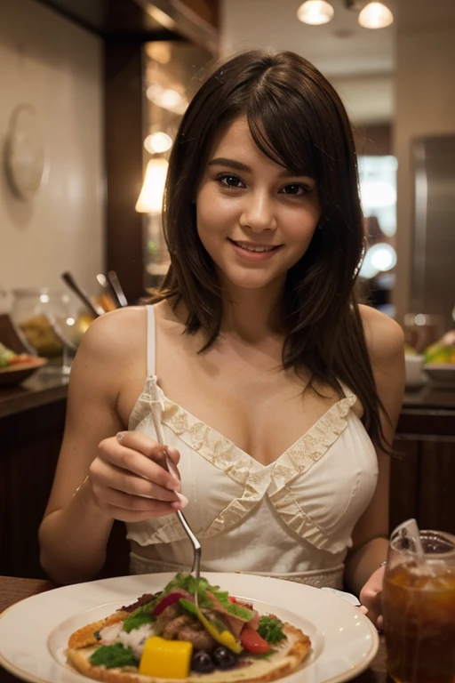 (realisitic、hight resolution:1.3), javanese face, 1 girl with a perfect figure、Super thin face and eyes、updo hair、thin gold necklace, naked apron, wearing white apron、small breast, show cleavage, show nipples:1.3, smile, beauty teeth, looking at front, dishes in sink,  front view, background : luxury kitchen set