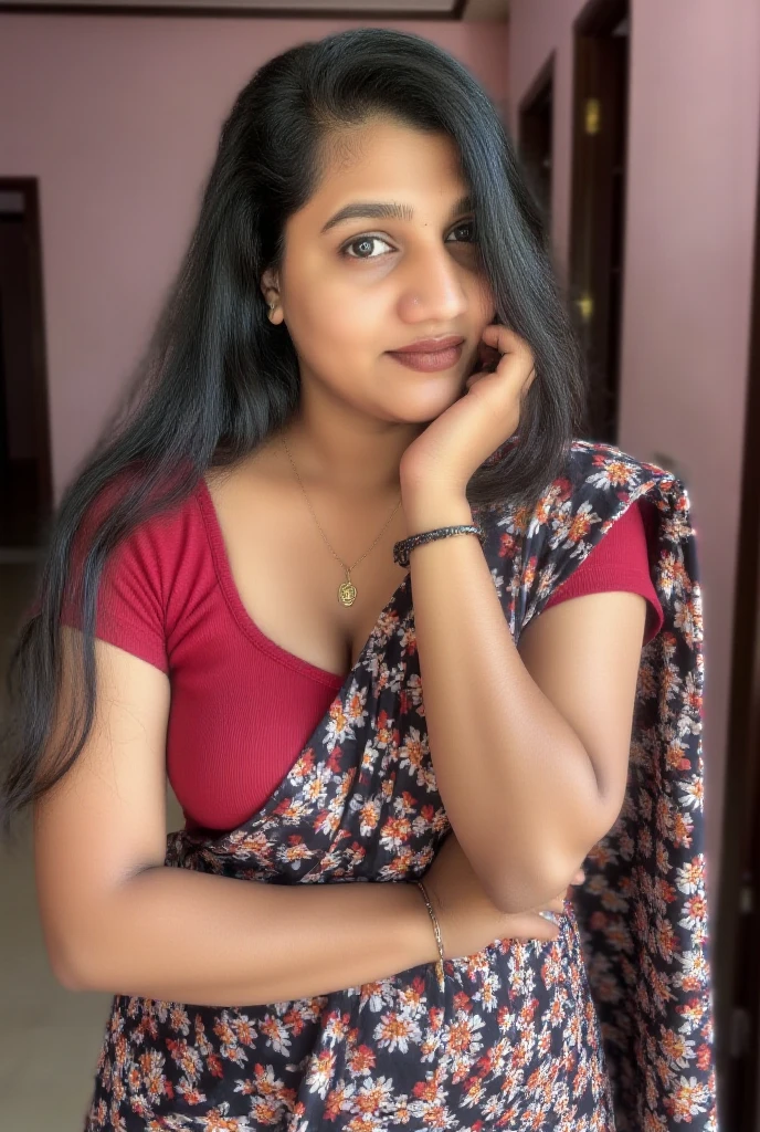 phone photo of Indian girl at home, Pink Saree, deep cleavage visible, uploaded on snapchat