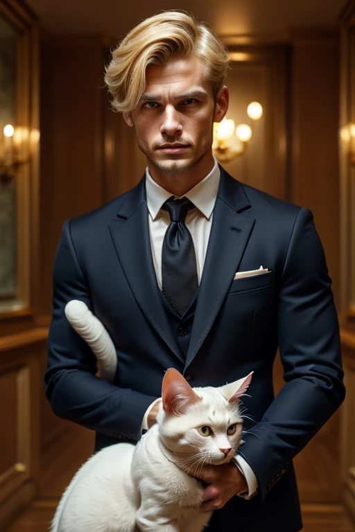 Loyd_forge, 独奏, looking at viewer, short hair, Blue eyes, blonde hair, Full chest muscles, gloves, 1boy, sitting, jacket, white shirt, male focus, black gloves, pants, indoors, spread legs, open jacket, muscular, formal, abs, cat, suit, pectorals, big huge bulge, couch, green jacket, unbuttoned, green pants,