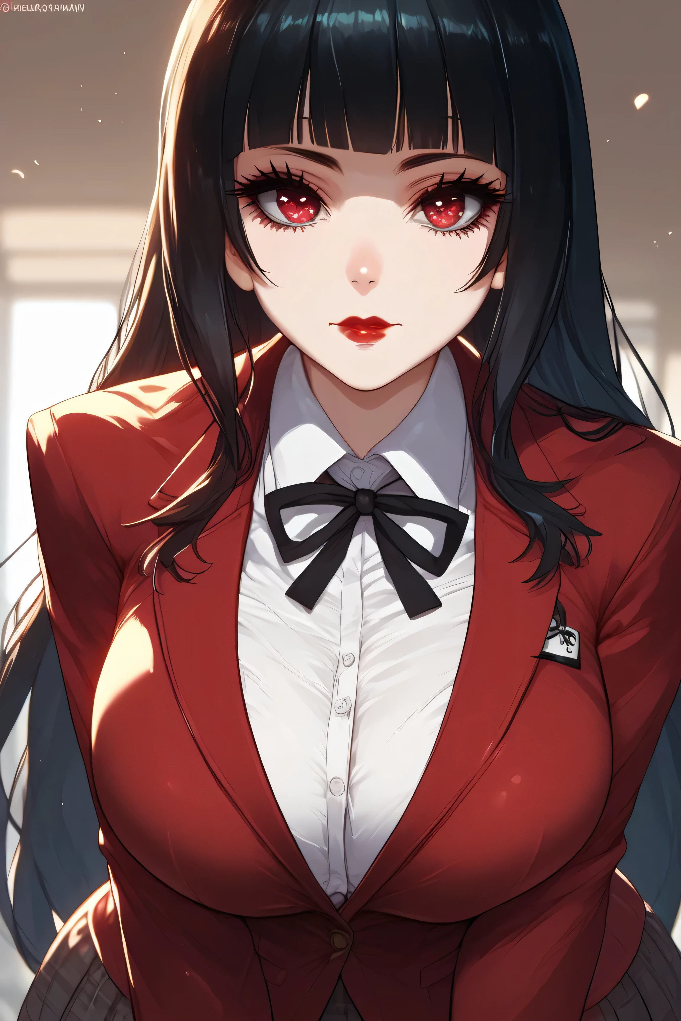 Female, gray skin, anime style, thick eyelashes, red lips, jabami yumeko, black hair, long hair, blunt bangs, school uniform, red blazer, collared shirt, closed mouth, big breasts