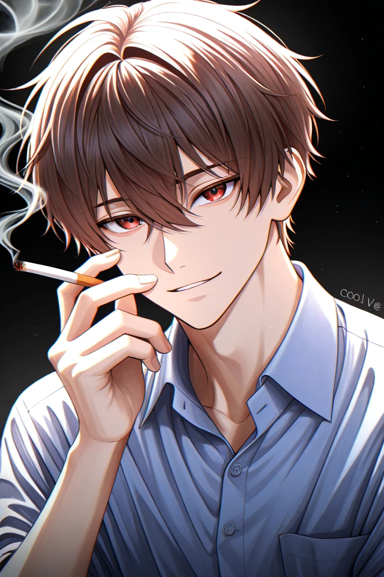 Wearing a greyish earth-toned shirt、A Westerner smoking a cigarette with his index and middle fingers raised on his right hand, Cool brown eyes, Sulky look