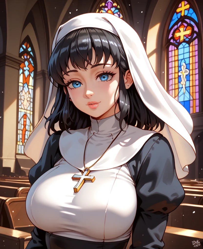 (((masterpiece))),(((best quality))),((amazing detail)),((8K wallpaper)),europe,medieval,victorian,oil,divine,soft light,nun,black hair,pearl earrings,Church background,cross necklace,medium breasts,realistic,the whole body,sitting