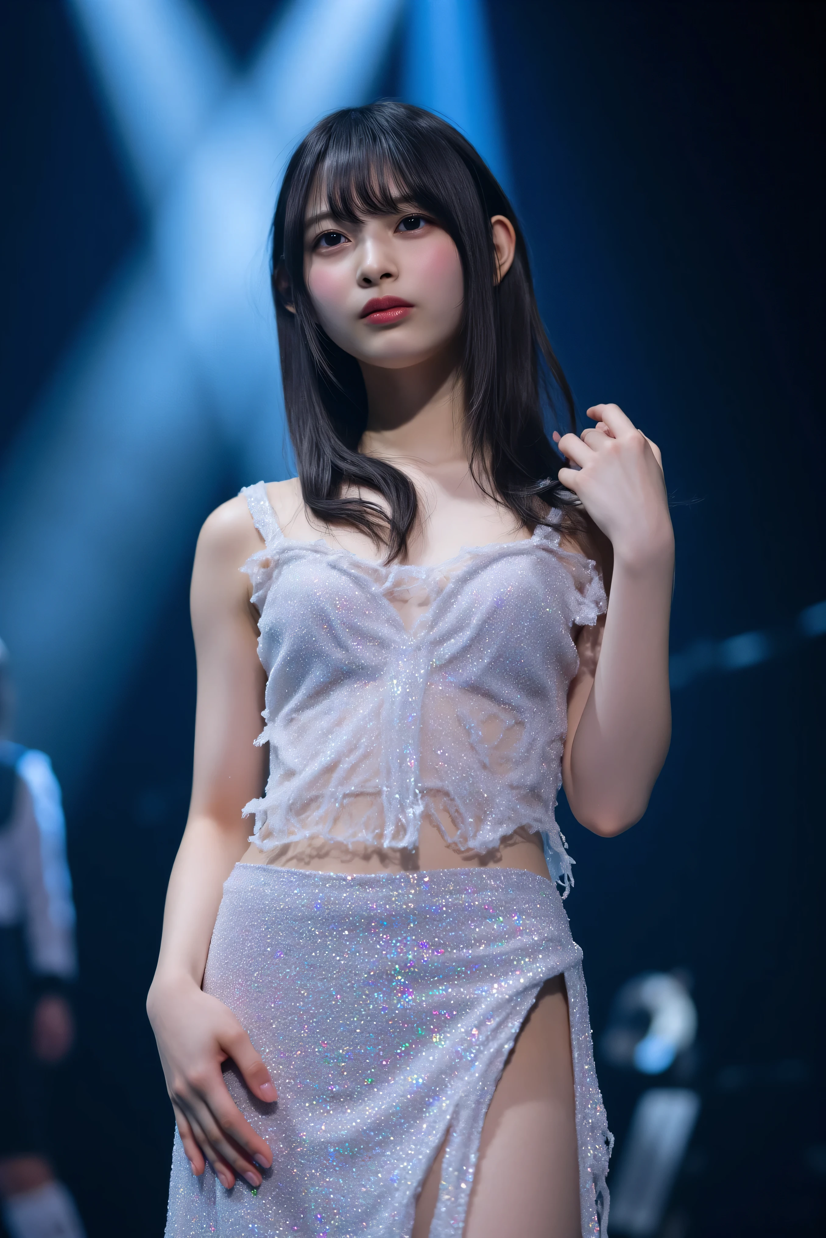 (Highest quality, masterpiece:1.2, RAW Photos), (Realistic:1.3), Realistic:1.2、One Girl、Japanese、Slender body line、Small face and slender figure、((beautiful girl、Cute school girl、Idol Face、Baby Face))、((Sing with a microphone:1.3))、(Show off your sexy underwear:1.4)、(Cute mini skirt dress:1.3)、(Beautiful brown hair:1.3)、((on stage at a rock concert:1.3))、(Beautiful breasts、Upward bust), (Detailed eyes and face:1.2, Professional photography techniques, Cinema Lighting), (Detailed hands:1.1、A girl's small and beautiful hands:1.2), (Perfect Anatomy:1.3), (A nasty smile:1.2, Gaze at the viewer, blush:1.2)