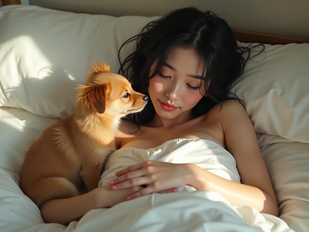 8K、Top image quality、masterpiece、An 18-year-old woman、Sleeping in bed side by side with a dog、black bikinis、side poneyTail、(Siberian Husky in dogs、The dog licks her face:1.2)、Smiling messily after being licked by a dog、Cinematic lighting