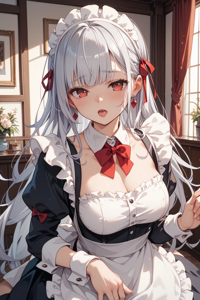 anime, girl, kama, red hair ribbon, red eyes, white long hair, white hair, medium breast, cleavage, thighs,black maid outfit, maid headpiece, blushing, cafe background, wearing french style white apron