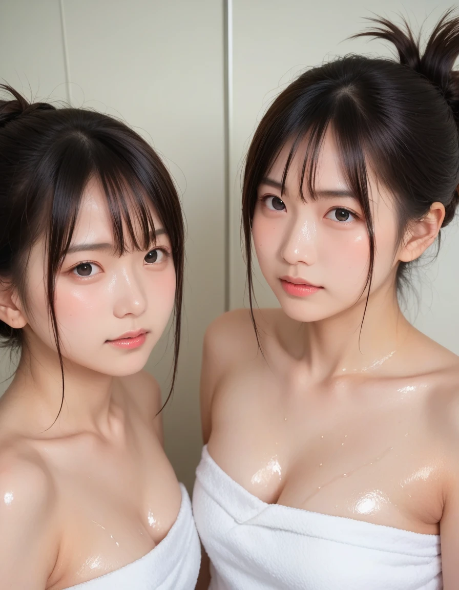 Very detailedな CG Unity 8k 壁紙, Highest quality, Very detailed, masterpiece, Realistic, Realistic, Very detailedな日本のかわいい女の子, (), blush, Round eyes, Thick eyebrows chest, Semi Body Shot, High-resolution RAW color photos, Professional photos, Portrait of sexy girl、Anatomically correct body shape、Healthy body shape、Brown short hair、smile、(naked:1.5)、Write your hair、Front view、Show your side、Avoid the same pose、Twin girls、Selfie for 2 people,全naked,Full nudity、Outdoor、nsfw、bright、You can see the ocean、Sandy Beach、One Piece Tan,In line、Commemorative photo,Touching breasts