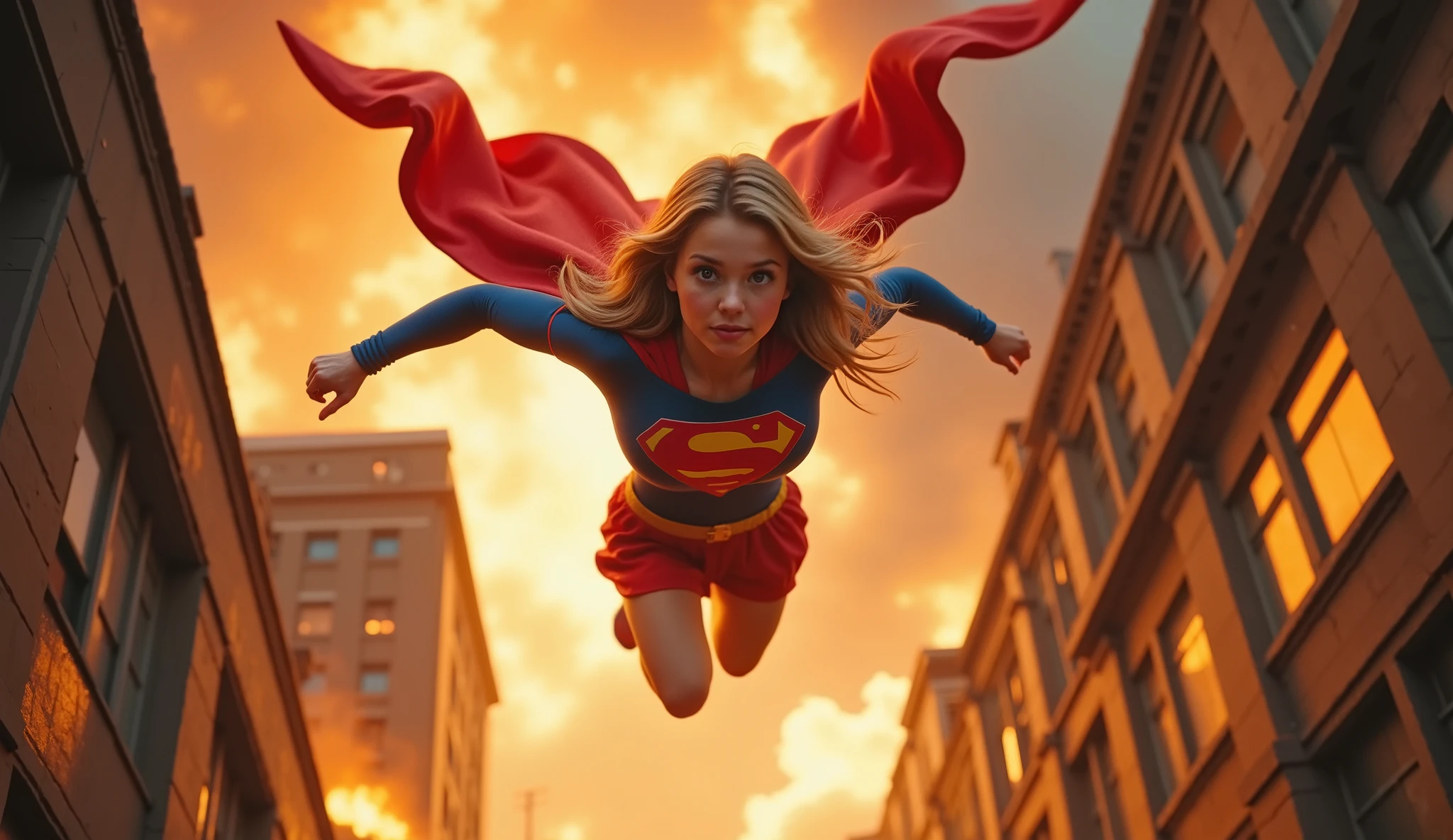 CLOSE UP OF A BLONDE GIRL JUMPING OUT FROM A BURNING BUILDING WINDOW. AFTER JUMPING OUT, AND DURING THE FALL HER CASUAL CLOTHES START INCINERATING AS SHE TRANSFORMS INTO SUPERGIRL WEARING THE ICONIC SUPERGIRL COSTUME AND CAPE FLYING OFF THE SCENE. FULL 8K RETINA GRAPHICS