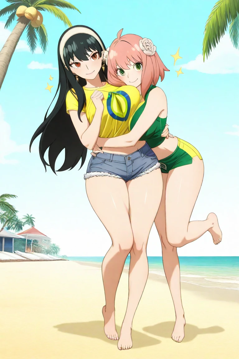 mulher anime , harem bikini, saia longa, curved, pele bronzeada, bare feet, visible feet, cabelo azul curto, bandana