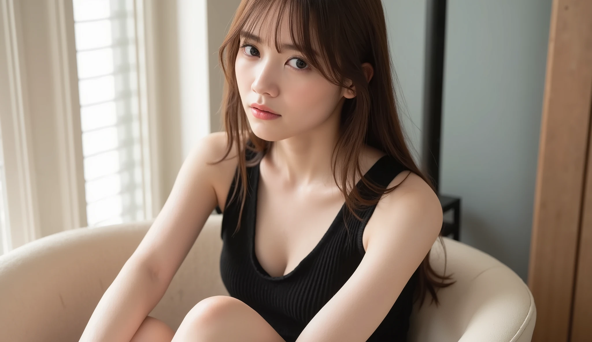 1 girl, solo, long hair, add texture, (Wear a small tank top, black plate miniskirt), Open button, Natural Breasts, Watch Viewers , sit on a chair and cross your legs.