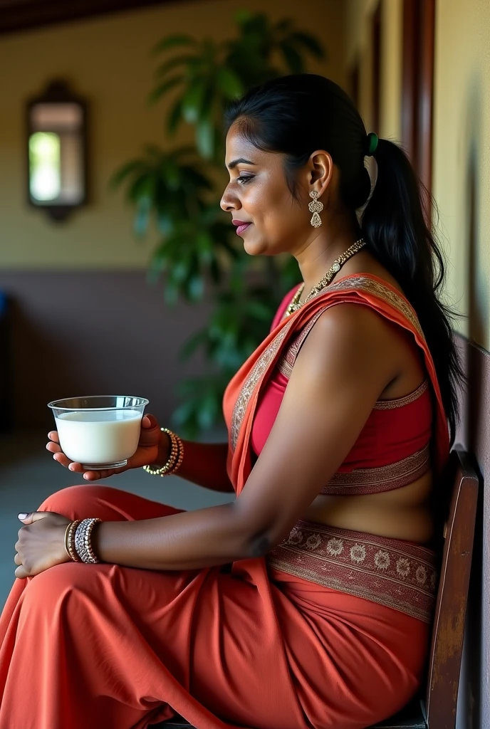 The Gujarati woman sits on her servant's boys shoulder, Having Yogurt from a glass bowl, women age is 40, , Gujarati half Saree Exposing her hip folds, Wearing micro bikinis , ponytail Black Hair, full figure, Drunk, walking, reverse shoulder ride, wearing shoes, close up, dancing, sitting on chairs , old Kerala house , realistic photos, real, holding her legs 
