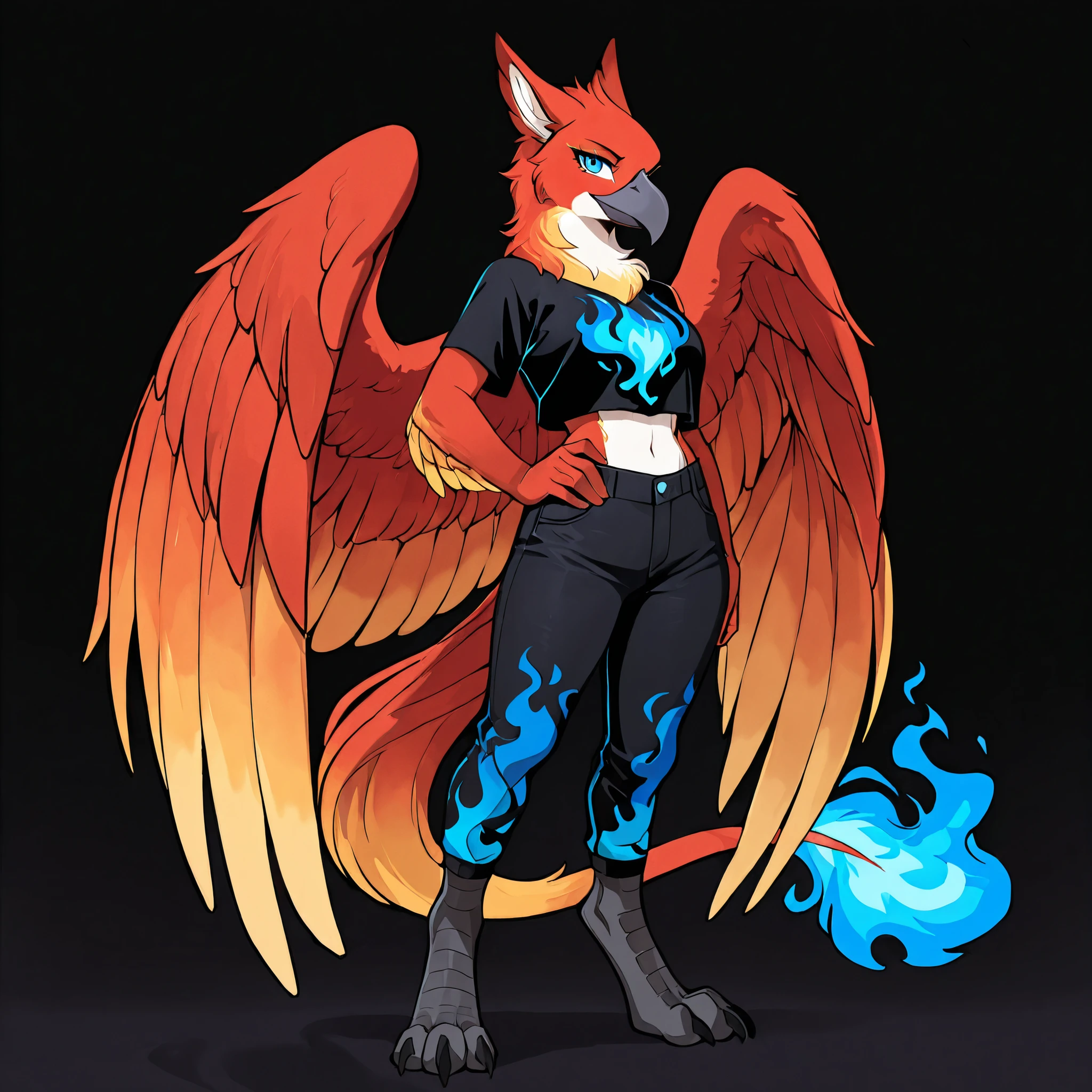 (solo:5.5), anime style, anime shading, clean lines, masterpiece, best quality, full body picture, tall, female, firebird, phoenix, Anthro phoenix, digitigrade legs, Black talons, bright blue eyes, perfect eyes, dark silver beak, red feather covered body, (wearing black jeans), (baggy jeans), (blue flame pattern on jeans), wearing a black crop top, (dark background), (red griffin ears:1.2), phoenix wings