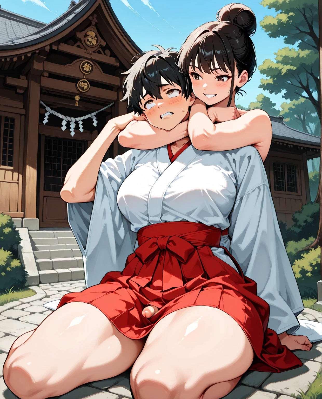 (8K, Raw photo, top quality, masterpiece: 1.2),8-year-old boy,1 person,30 year old Japanese woman,mother,housewife,огромная breast,mature woman,smile,squat,BREAK,1 boy and 1 woman sex with resistance,facing each other,NFV,(boy grabs woman'breast,knead with both hands,by touch,hetero),side view