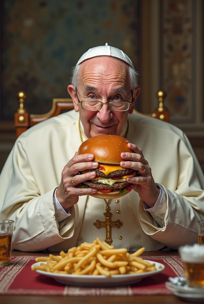 Pope Francis eating hamburger in a diner. Realistic and detailed, cinematic, intricate image