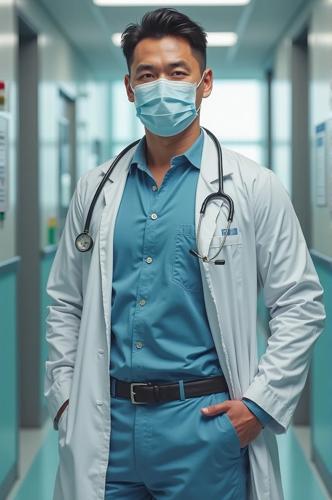 A sexy male doctor wearing lab coat, stethoscope and gloves,and surgical mask, he is very handsome,he has a penis 