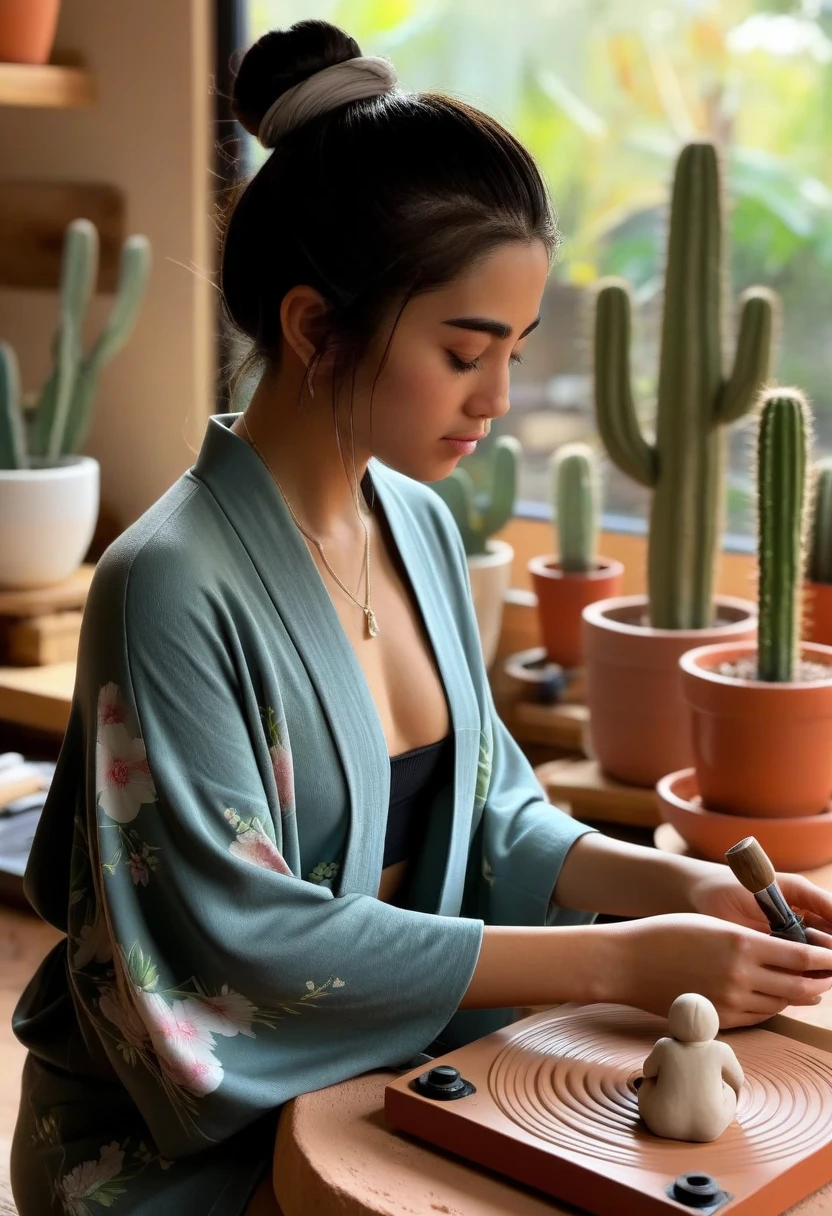  Camila, latina, 27 years old, focused and serene, messy bun, wearing kimono-style cardigan over t-shirt, sitting in an artisanal clay studio with cactus garden view, sculpting a small seated female clay figure on a turntable, using wooden modeling tools, natural daylight, intimate and peaceful mood, realistic SDXL style