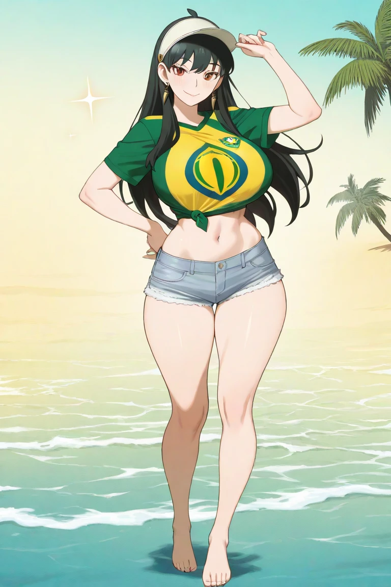 (high quality, 8k, 4K, high contrast, artwork:1.2, high quality, best aesthetics), (centered), ((1 woman)), erotic, sensual, mature body, super detailed, beautiful face detailed, beautiful eyes detailed, detailed beautiful mouth, perfect breats, perfect wide thighs, (long wavy black hair), (black eyes), (serious expression), (piercing gaze), (looking at viewer), (black lipstick), (half naked), (green and yellow bra), (green and yellow thong panties), (Brazilian flag on clothes), (front view), (standing), (black rabbit ears)