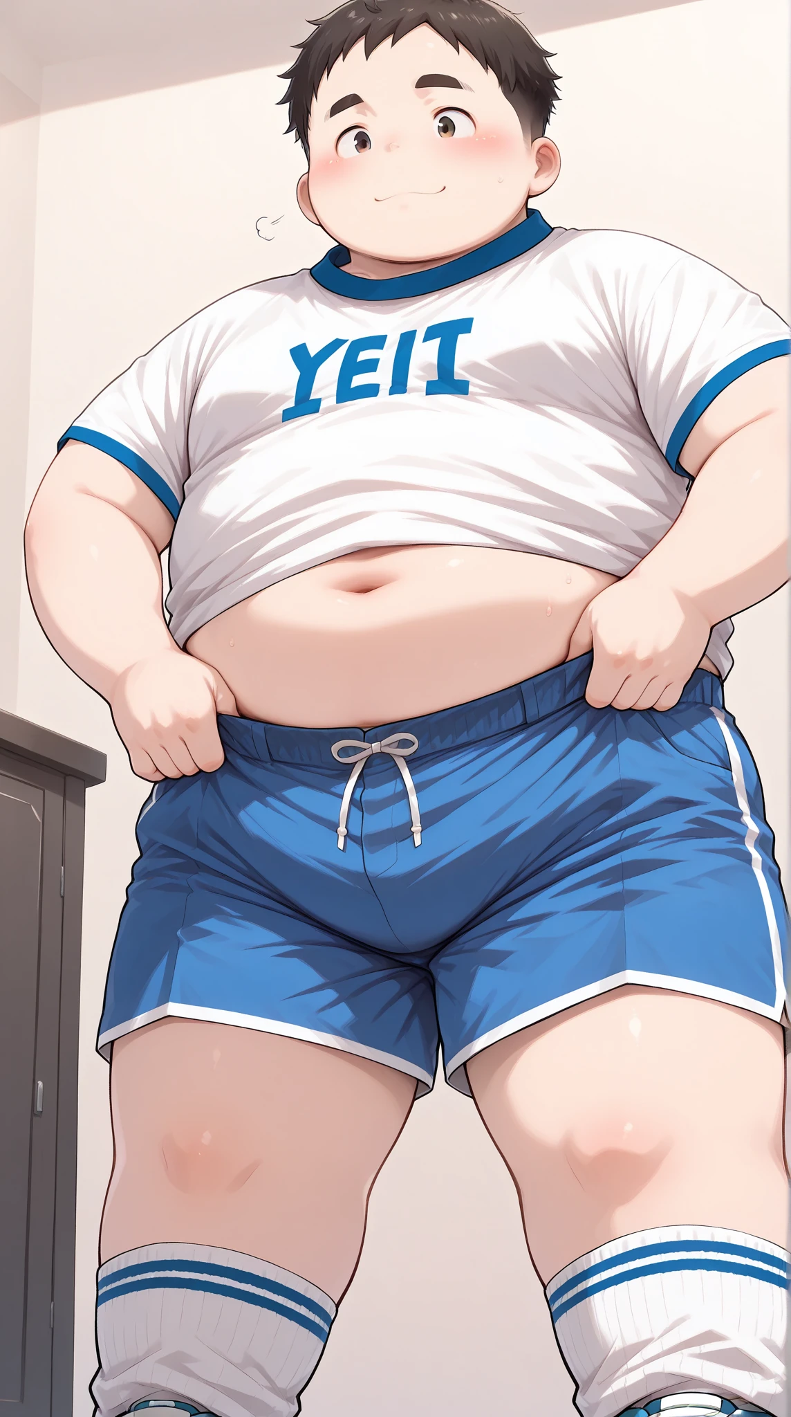 ((androgynous)), beautiful, (very short hair), (pudgy face), (thick),(cute), ((boyish)), (chubby), belly, muscular, (beefy), (jockstrap), (cool), (sexy)