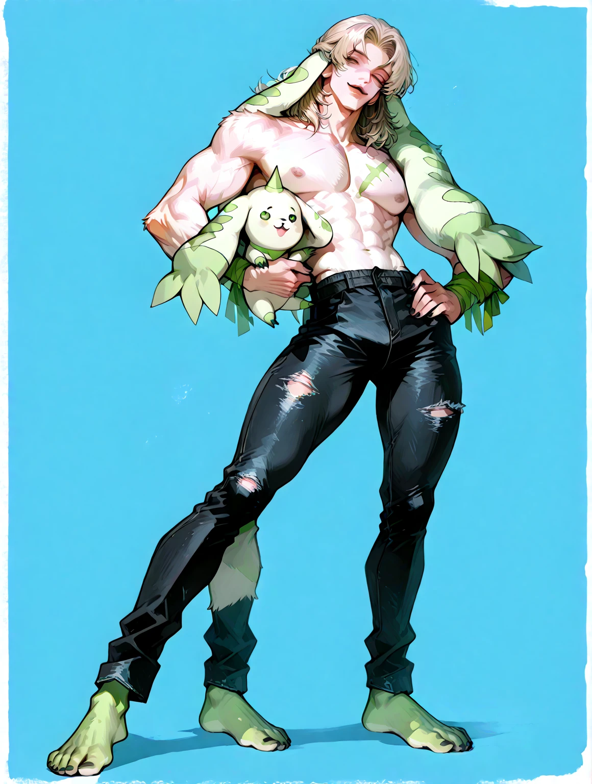 Create an anime-style image of a parakeet with the body of an extremely muscular human, in a bodybuilding pose like Mr.. Olympia. The parakeet should have a stylized head with large expressive eyes and a small beak., keeping the charm and style of anime. The human body must be highly detailed and muscular, with an impressive bodybuilding pose, like a bicep curl. The integration between the parakeet's head and the human body must be fluid and visually appealing.. Use a simple, neutral background to highlight the main figure.