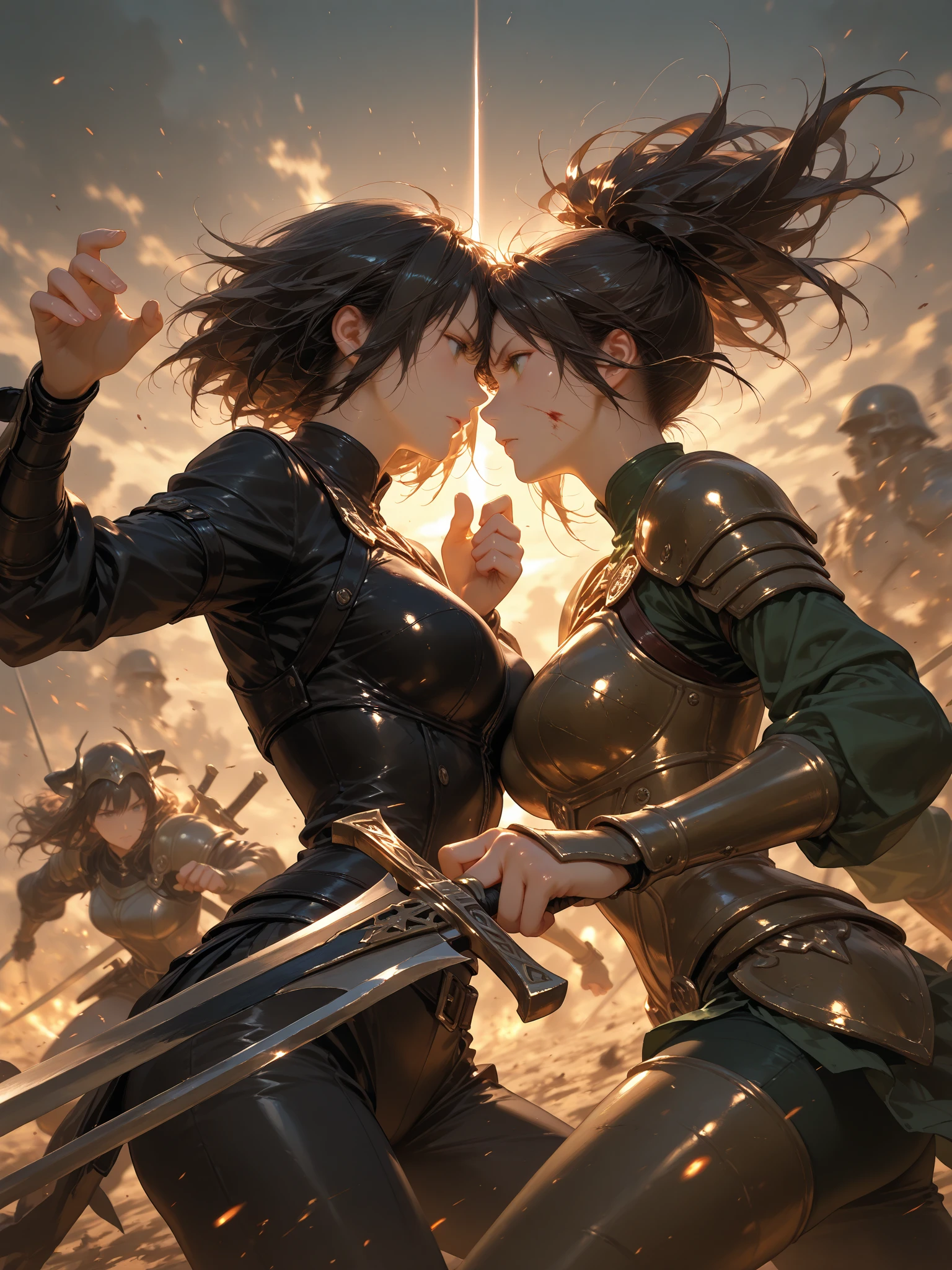 heavily armored girl stabbing her opponent in a sword match, stabbed opponent visible, in motion, thousands of blood splatters in air masterpiece, best quality, ultra high res, beautiful, visually stunning, elegant, incredible details, dark art, (dark red theme:1.3), award-winning painting, crying blood