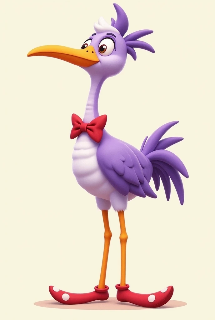(A cartoon in 2D drawing style)
An anthropomorphic and humanoid bird but round in shape with plumage
Lavender and white purple with orinsontal stripes
Long and slender neck with a red bow tie
Long, slender yellow legs
With red clown shoes with white
Big, strong lavender-colored arms
A small head with a pointy hairstyle
And a little orange

