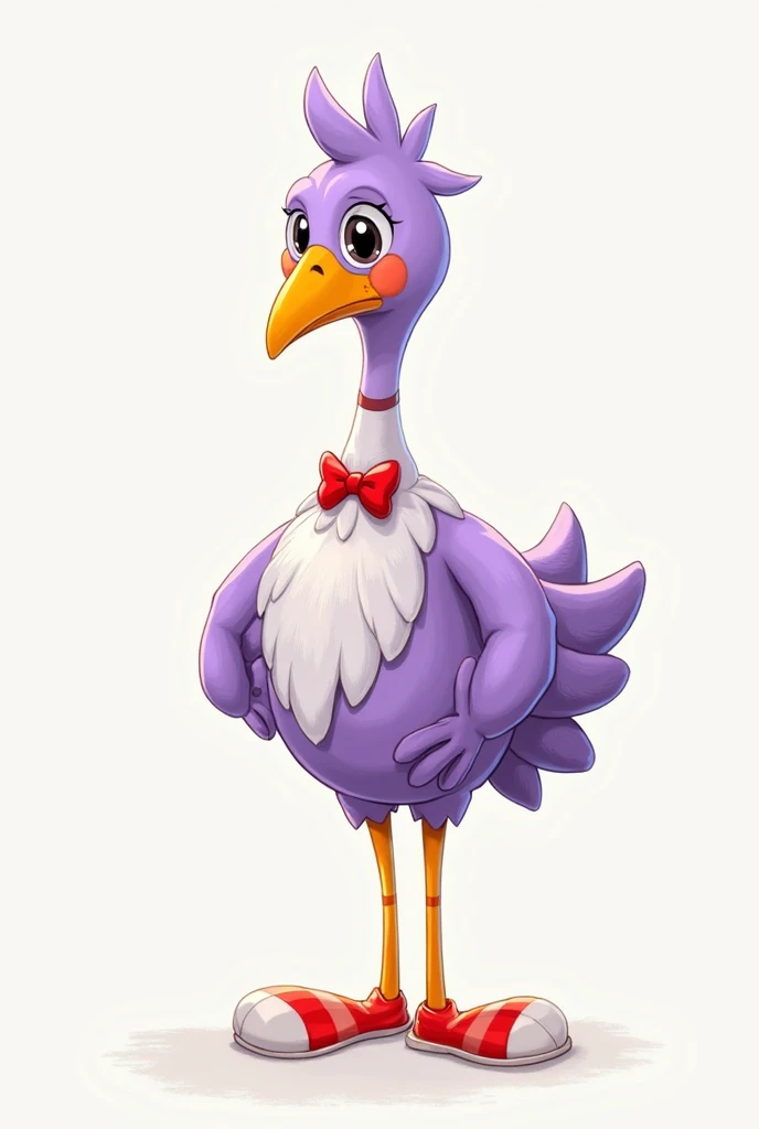(A cartoon in 2D drawing style)
An anthropomorphic and humanoid bird but round in shape with plumage
Lavender and white purple with orinsontal stripes
Long and slender neck with a red bow tie
Long, slender yellow legs
With red clown shoes with white
Big, strong lavender-colored arms
A small head with a pointy hairstyle
And a little orange

