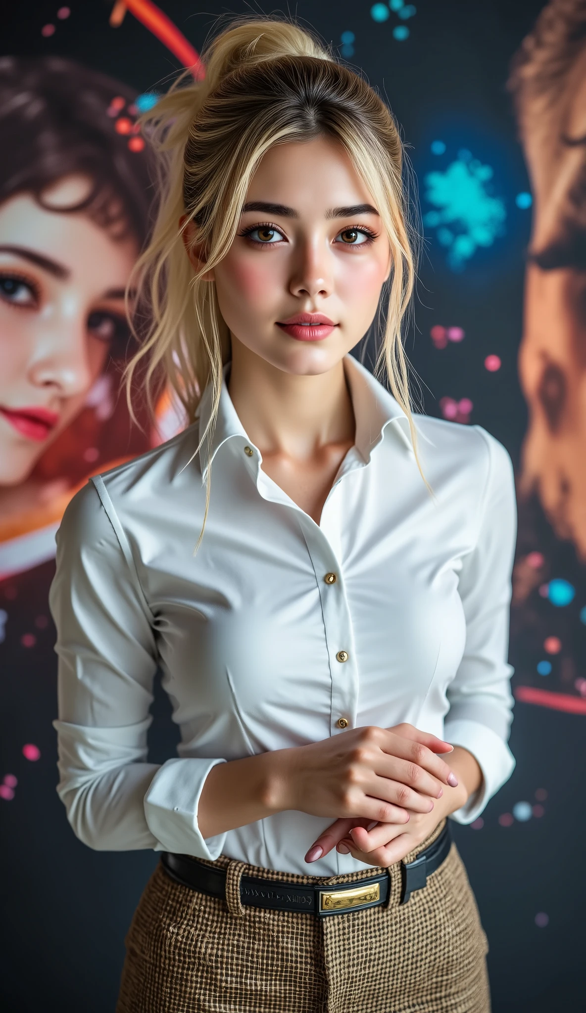  [Style: "masterpiece, realistic, (photorealistic Realism), ultra-detailed, Hyper high resolution" - "(Hyper quality, intricate ultra-detailed digital art)"](Key Directive: - ("The priority is the anatomical accuracy and texture of the materials" - "Ultra-sharp human eyes with biological accuracy") "Eyes:{(acid-resistant terminology)(macro-details:1.3): Moist corneal surface(visible aqueous layer:1.2)Hyper-detailed iris stroma ((brown:1.3) with gold flecks) Precise limbal ring (slightly neons pigmentation:1.25)Pupil micro-texture (irregular edge authenticity:0.9) * Vasculature in sclera(subtle red veins radiating from limbus)" - "Lashes: pink individual synthetic fibers (crosshatched roots,clump-free separation)" | Pose: "((full body combat-ready stance)) (plausible spinal twist)"Technical Specs:(Optics: - "Zeiss Otus85mm f/1.4 lens(eye refraction calculations:0.66)" - "Shutter Speed:1/500(freeze eye micro-movements)" - "Focus Stacking:7-point coverage on iris plane") (Post-Processing: - "Frequency separation for skin vs eye details" - "Selective sharpening: eyes180%,hair120%" - "Denoise: luminance20,color35(retain corneal speculars)")(Avoid: "pupil distortion, uncanny valley asymmetry, plastic-like wetness") a fairy tale-like picture , beautiful woman, full body photo, A well-drawn fairy tale, beautiful bizneswoman, , a fairytale-like picture , Detailed description, A well-drawn fairy tale, Vivid expression , Detailed facial features, Luxurious office Outfit, colorful, graceful posture, (slim-muscle body),((firm and full big breasts:1.4)) ["(slim belly, narrow waist, pertect ass, perfect thighs)"]} Fantastic Backgrounds, magical atmosphere, Sophisticated contrast treatment, Detailed texture expression, Precision drawn with expert craftsmanship, Vibrant colors, Detailed texture expression,(Rendering engine: "Unreal Engine 5 path tracing, 16K texture maps") Anisotropic Filtering,Maximum Sharpness and Sharpness,Albedo and Specular maps,Surface Shading 