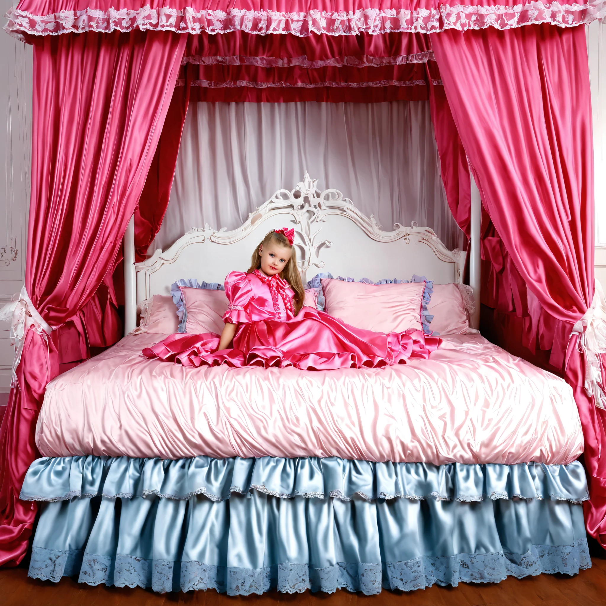 ((A cute girl on the big bed)),((early age girl)),short and tall,detailed baby face,small face,a pink silk satin frilled blouse and skirt,medium dress,detailed ribbons,detailed lace petticoat,frilled sleeves,long sleevs,a bed with a mountain of hot pink silk satin pillows,((hot pink canopy bed:1.1)),,king size bed,more big bed,lot of silk satin frilled pillows,more pillows, A plump qulited silk satin soft devet,devet decorated ribbons, ruffles lace silk.retro white pipe bed frame, realistic, blue eyes, rolled long blond hear,