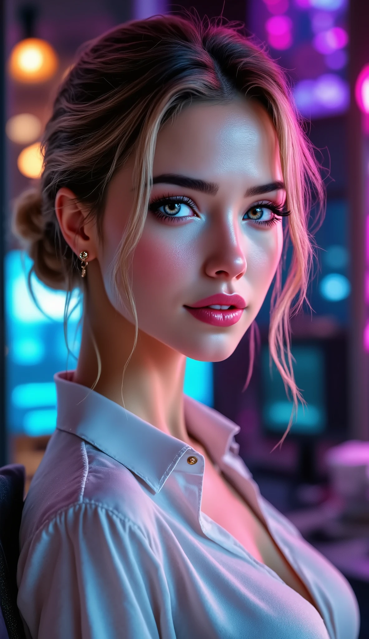  [Style: "masterpiece, realistic, (photorealistic Realism), ultra-detailed, Hyper high resolution" - "(Hyper quality, intricate ultra-detailed digital art)"](Key Directive: - ("The priority is the anatomical accuracy and texture of the materials" - "Ultra-sharp human eyes with biological accuracy") "Eyes:{(acid-resistant terminology)(macro-details:1.3): Moist corneal surface(visible aqueous layer:1.2)Hyper-detailed iris stroma ((brown:1.3) with gold flecks) Precise limbal ring (slightly neons pigmentation:1.25)Pupil micro-texture (irregular edge authenticity:0.9) * Vasculature in sclera(subtle red veins radiating from limbus)" - "Lashes: pink individual synthetic fibers (crosshatched roots,clump-free separation)" | Pose: "((full body combat-ready stance)) (plausible spinal twist)"Technical Specs:(Optics: - "Zeiss Otus85mm f/1.4 lens(eye refraction calculations:0.66)" - "Shutter Speed:1/500(freeze eye micro-movements)" - "Focus Stacking:7-point coverage on iris plane") (Post-Processing: - "Frequency separation for skin vs eye details" - "Selective sharpening: eyes180%,hair120%" - "Denoise: luminance20,color35(retain corneal speculars)")(Avoid: "pupil distortion, uncanny valley asymmetry, plastic-like wetness") a fairy tale-like picture , beautiful woman, full body photo, A well-drawn fairy tale, beautiful bizneswoman, , a fairytale-like picture , Detailed description, A well-drawn fairy tale, Vivid expression , Detailed facial features, Luxurious office Outfit, colorful, graceful posture, (slim-muscle body),((firm and full big breasts:1.4)) ["(slim belly, narrow waist, pertect ass, perfect thighs)"] Fantastic Backgrounds, magical atmosphere, Sophisticated contrast treatment, Detailed texture expression, Precision drawn with expert craftsmanship, Vibrant colors, Detailed texture expression,(Rendering engine: "Unreal Engine 5 path tracing, 16K texture maps") Anisotropic Filtering,Maximum Sharpness and Sharpness,Albedo and Specular maps,Surface Shading }