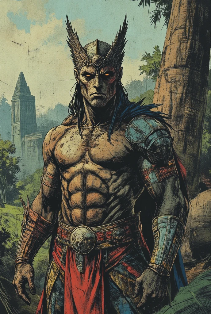 mayan explosive, supernatural painting of a shape-shifting deity, adorned with chaotic and omnipresent Mayan motifs, piercing eyes, a breathtaking amalgam of art and captivating photo collage, Mesmerizing poster design:: woody tone:: full body:: warrior man:: its appearance exuded the enigmatic allure of ancient Mayan minimalism fused with cosmic chaos:: --ar 9:16 --s 963 --c 9 --q 2 --v 5